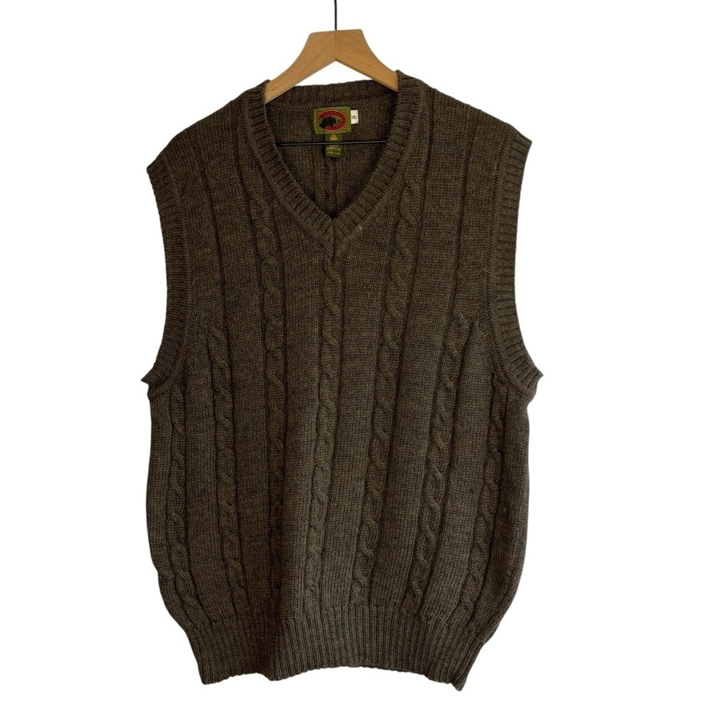 Vintage BOSTON TRADERS 100% Wool V-Neck Cable Knit Sweater Vest Brown XL FLAWS